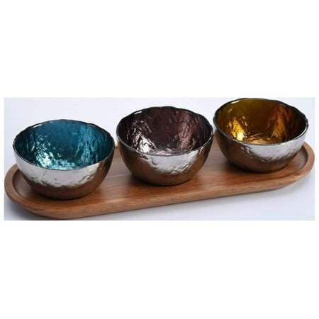 Wood Tray + 3 Glass Bowls