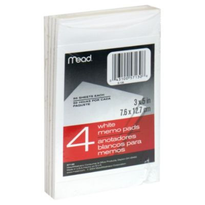 Mead 3x5 White Memo Pad 4pk.